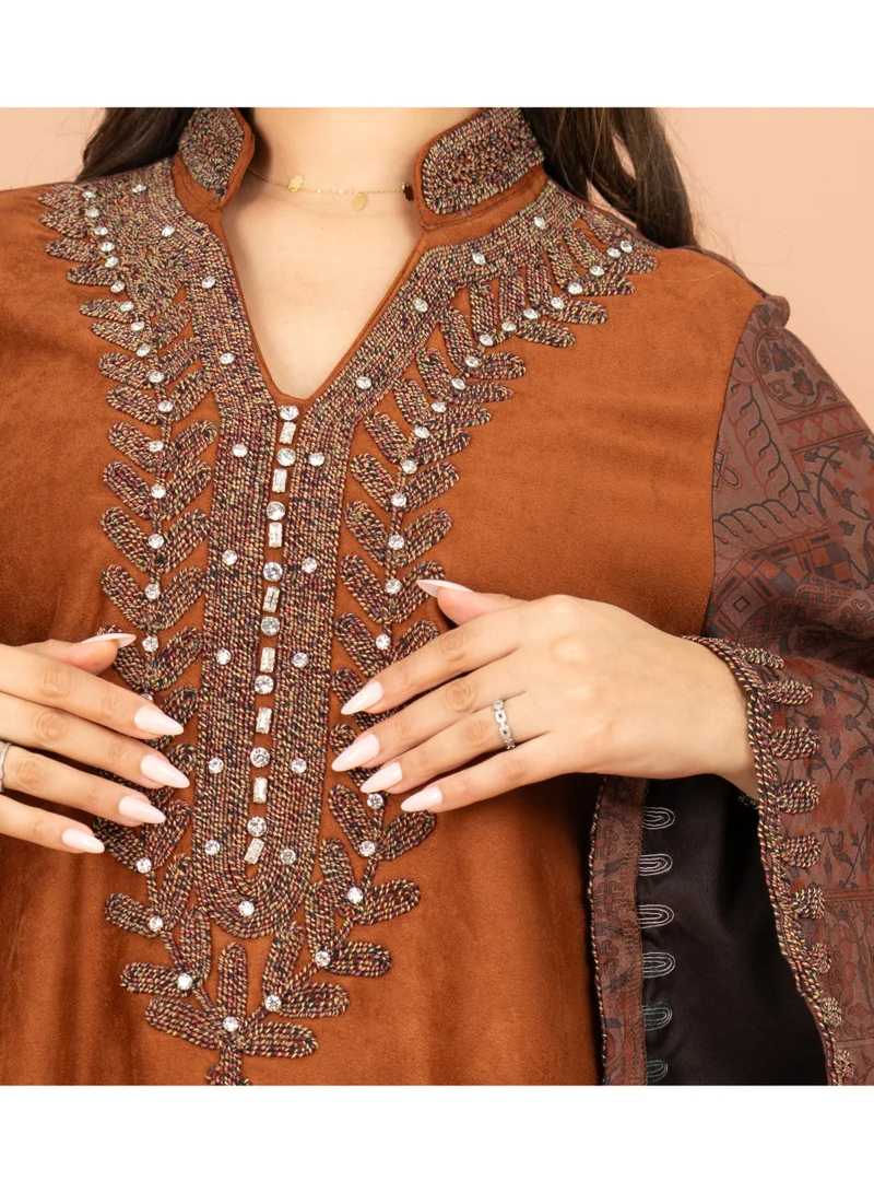 IKKXA Luxury Mandarin Colar Embroidery Beads Patterned Sleeves Jalabiya