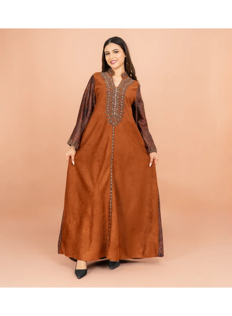 IKKXA  Luxury Mandarin Colar Embroidery Beads Patterned Sleeves Jalabiya for Women | Best Price UAE