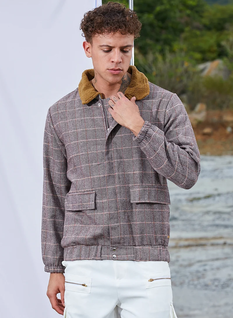 كامبوس سوترا جاكيت رجالي كاروهات بني بياقة صوف