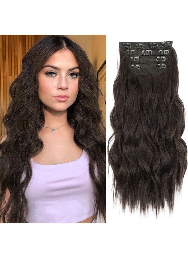 KooKaStyle Clip in Long Wavy Synthetic Hair Extension 20 Inch 4PCS Dark Brown Hairpieces Fiber Thick Double Weft Hair Extension for Women  - Image 1
