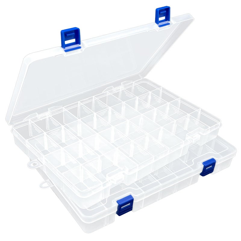 DUOFIRE Plastic Organizer Container Storage Box Adjustable Divider Removable Grid Compartment for Jewelry Beads Earring Container Tool Fishing Hook Small Accessories34 Grids White X 2 Pack