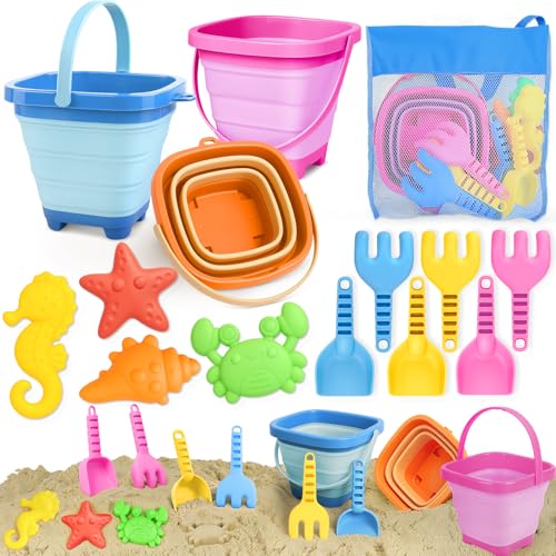 Dreamon Beach Toys for Kids 3-10, Collapsible Sand Castle Toys for Beach Include 3 Pack Foldable Buckets, Shovels Molds and Storage Mesh Bag, Sandbox Travel Toy for Toddlers Kids - Image 1