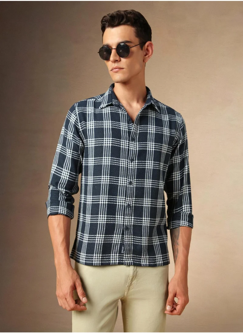 Dennis Lingo Men's Navy Cotton Blend Checkered Shirt