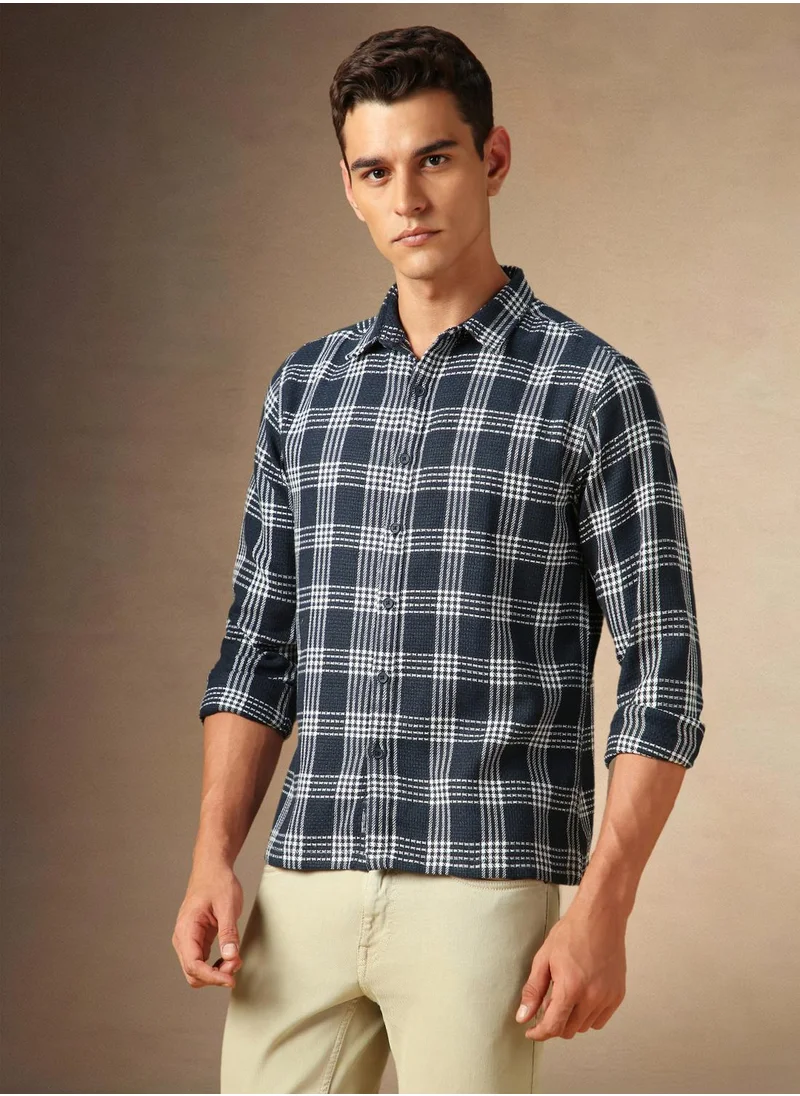 Dennis Lingo Men's Navy Cotton Blend Checkered Shirt