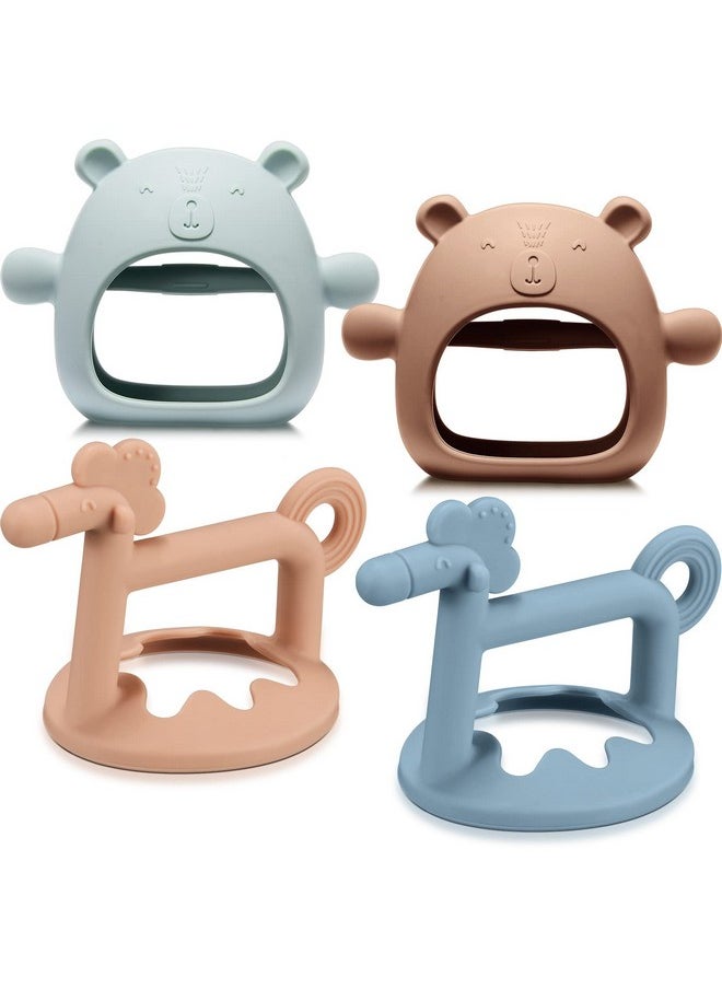 Chumia - 4 Pieces Silicone Teething Toys Bear Baby Teether Toy Anti Dropping Horse Teething Pacifier Baby Chew Toys Chewable Hand Teethers For Sucking Chewing Needs Pain Relief Gifts (Blue Caramel Pink) - Image 1