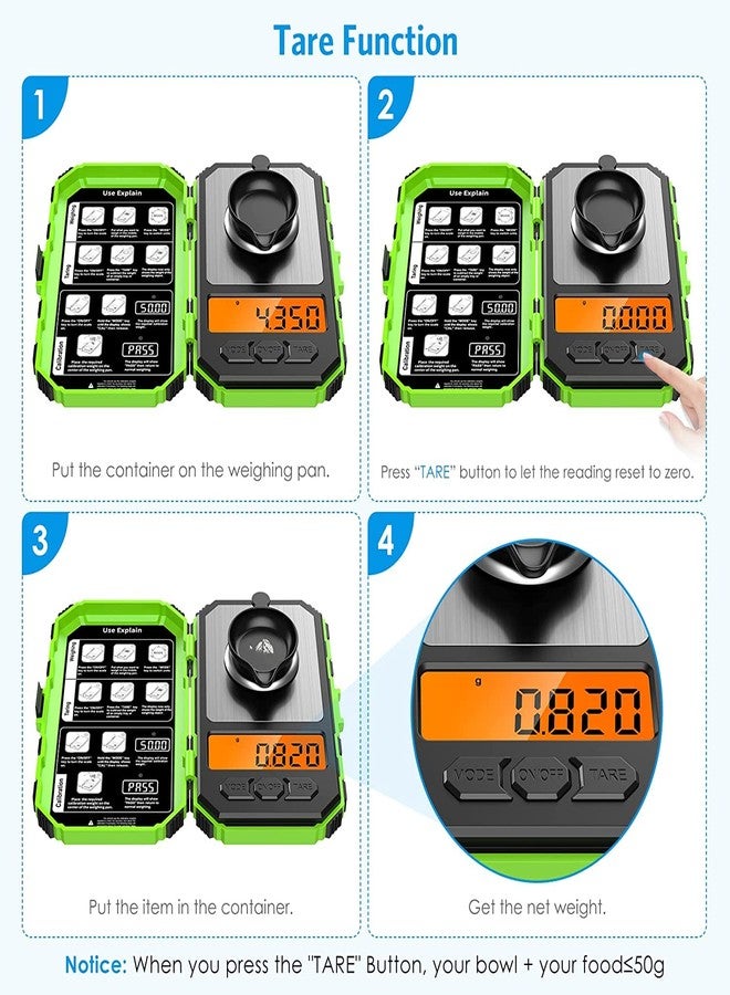AMIR Digital Milligram Scale, 50g/0.001g Portable Digital Mini Food Scale with 20g Calibration Weights and Tweezers, Jewelry Kitchen Scale, Gram Scale with LCD Backlit, Tare Function, 6 Units, Green - Image 4