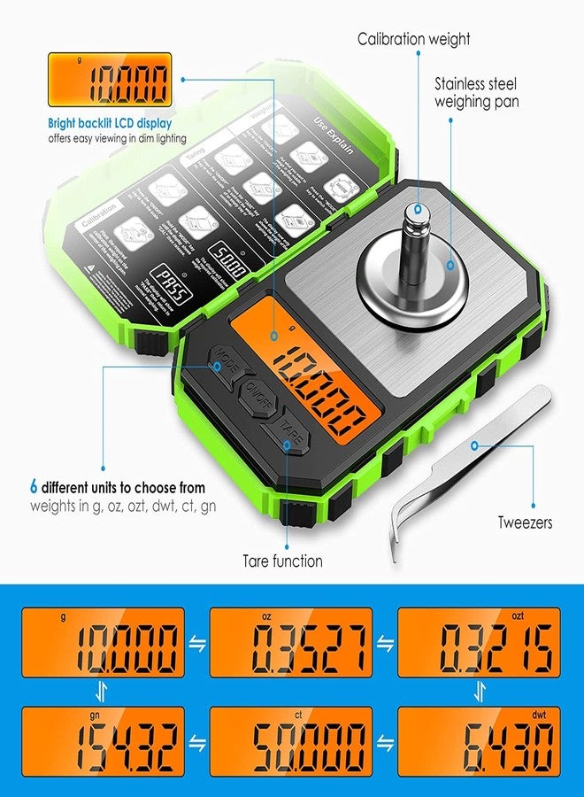 AMIR Digital Milligram Scale, 50g/0.001g Portable Digital Mini Food Scale with 20g Calibration Weights and Tweezers, Jewelry Kitchen Scale, Gram Scale with LCD Backlit, Tare Function, 6 Units, Green - Image 3