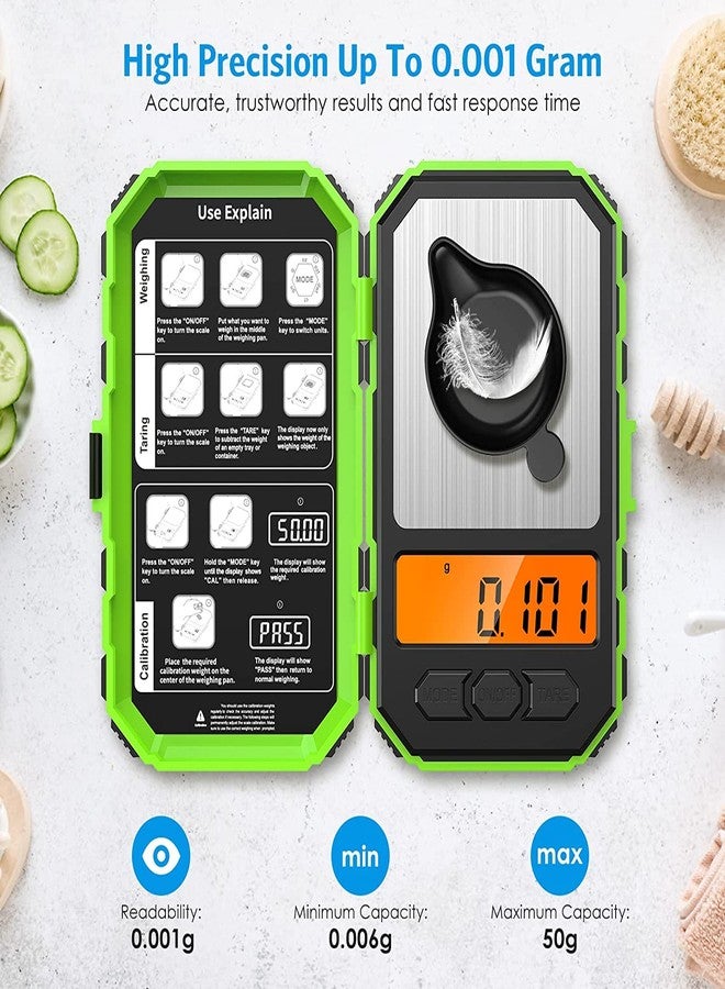 AMIR Digital Milligram Scale, 50g/0.001g Portable Digital Mini Food Scale with 20g Calibration Weights and Tweezers, Jewelry Kitchen Scale, Gram Scale with LCD Backlit, Tare Function, 6 Units, Green - Image 2
