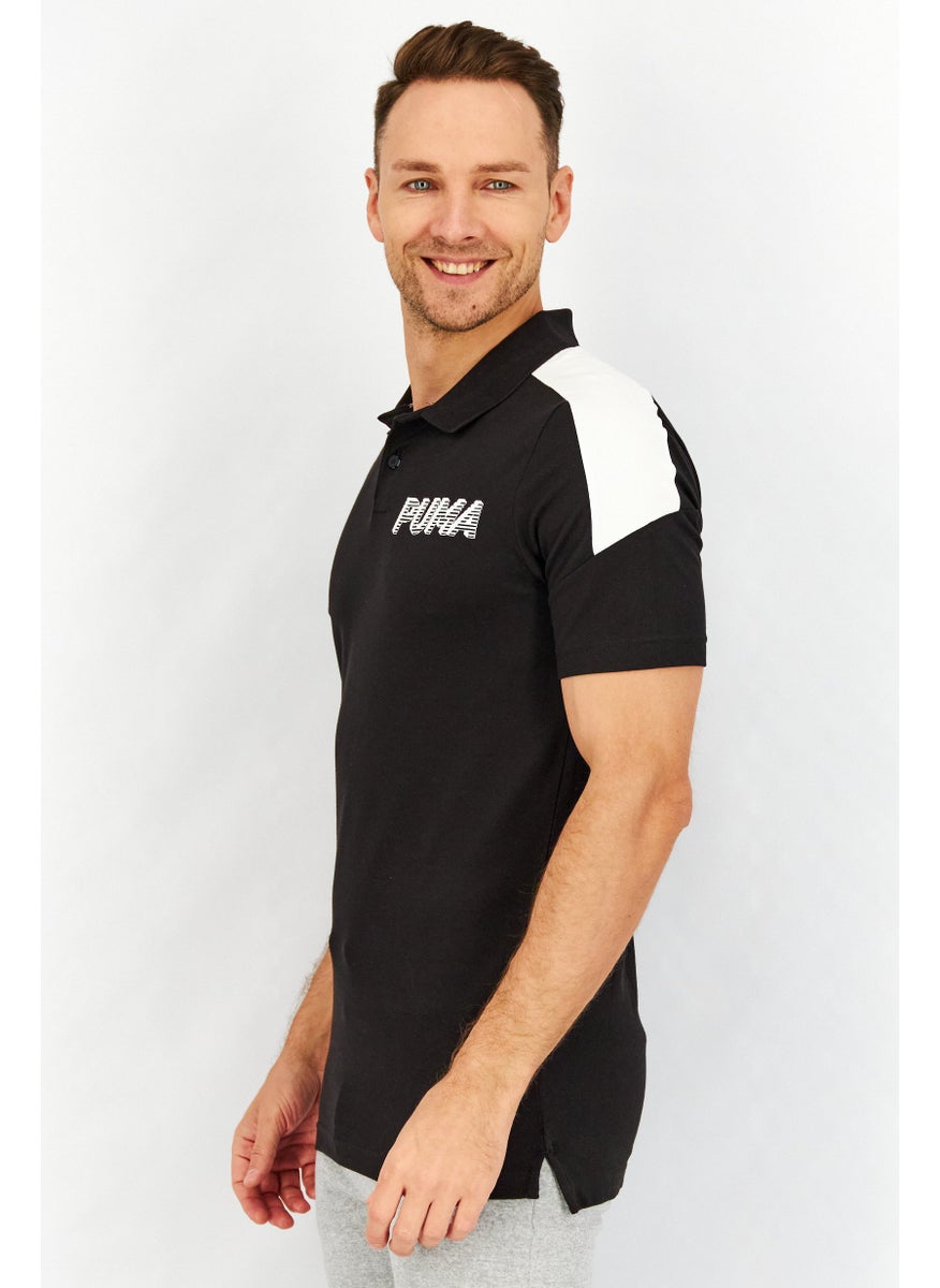 PUMA Men Spread Neckline Short Sleeve Graphic Logo Polo Shirt, Black  - Image 3
