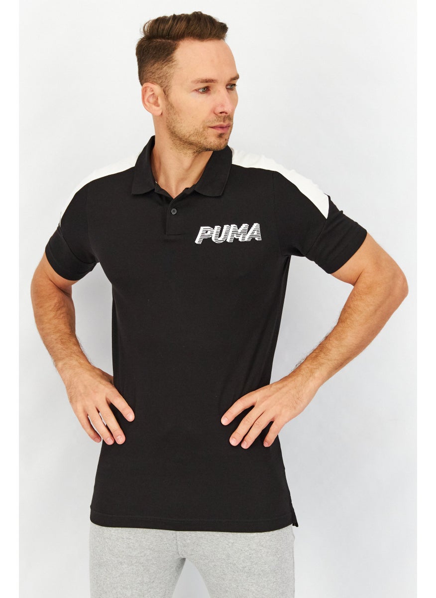 PUMA Men Spread Neckline Short Sleeve Graphic Logo Polo Shirt, Black  - Image 1
