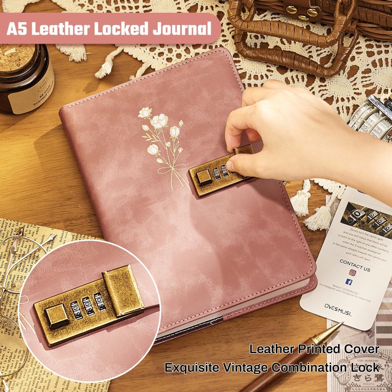 Ovesmusl Diary with Lock for Girls A5 Leather Diary for Women 260 Pages 100 GSM Refillable Journal with Lock for Teens Secrets Flower Journals with Combination Passwords, 5.7"x8.3", Pink - Image 5