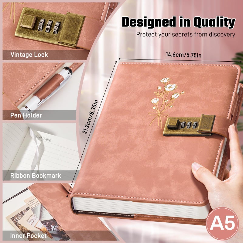 Ovesmusl Diary with Lock for Girls A5 Leather Diary for Women 260 Pages 100 GSM Refillable Journal with Lock for Teens Secrets Flower Journals with Combination Passwords, 5.7"x8.3", Pink - Image 3