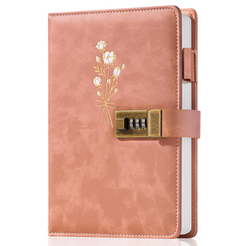 Ovesmusl Diary with Lock for Girls A5 Leather Diary for Women 260 Pages 100 GSM Refillable Journal with Lock for Teens Secrets Flower Journals with Combination Passwords, 5.7"x8.3", Pink - Image 1