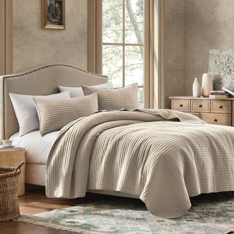 WDCOZY 100% Cotton Oversized King Size Quilt Set - Beige California Cal King Striped Pick Stitch Soft Lightweight Bedspread, Textured Like Linen, Farmhouse Country Rustic Coverlet, 3 Pieces - Image 5