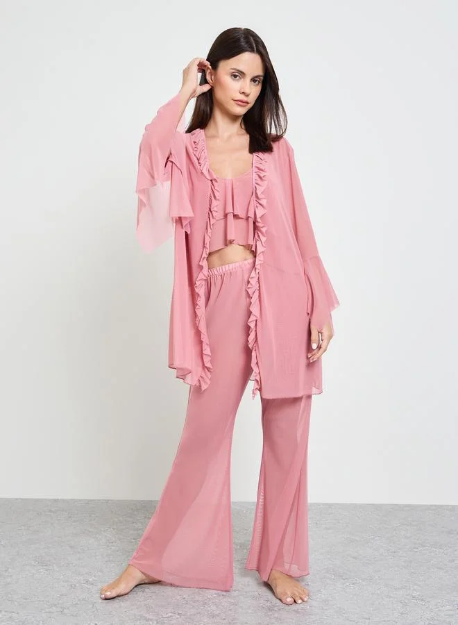تايك تو Pink Pack Of 3 - Ruffle Cropped Camisole, Flare Pants And Robe Set