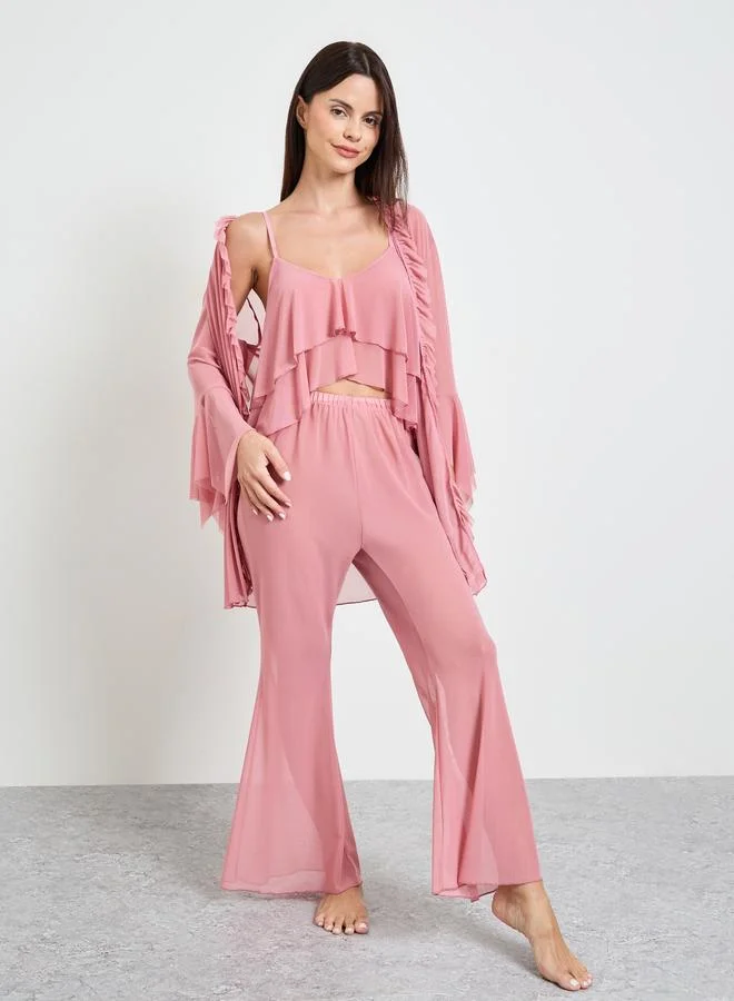 تايك تو Pink Pack Of 3 - Ruffle Cropped Camisole, Flare Pants And Robe Set