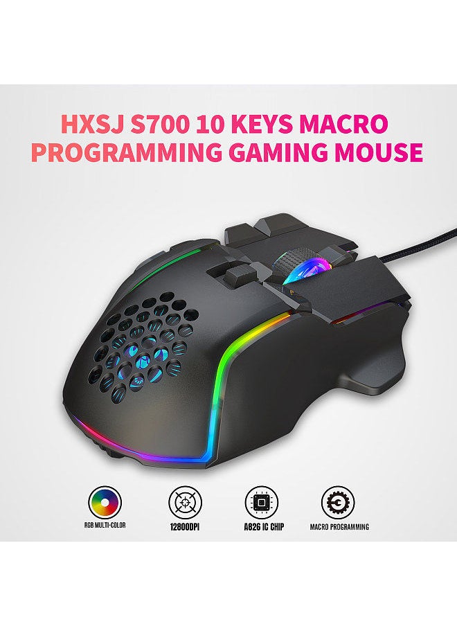 HXSJ - S700 10 Keys Wired Gaming Mouse Macro Programming Ergonomic Mice with 6 Adjustable DPI RGB Light Effect Wide Compatibility - Image 1