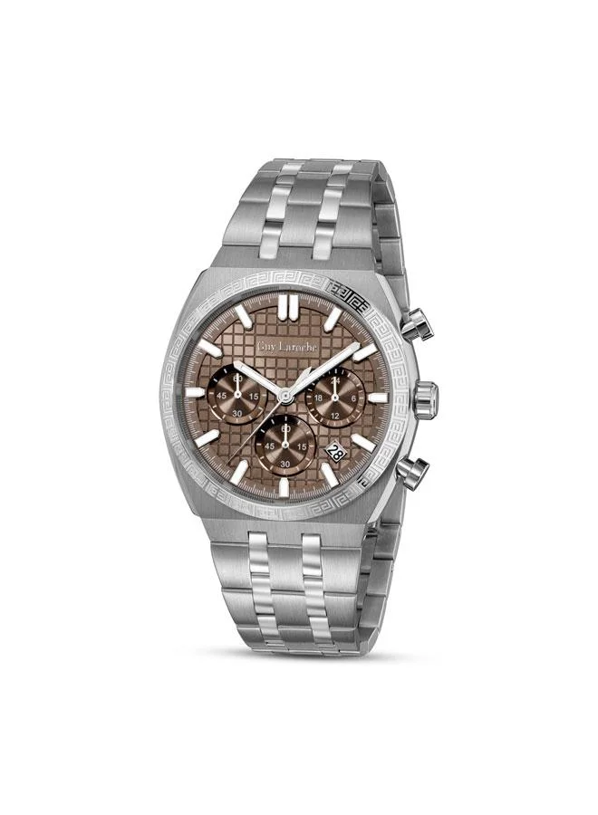 غاي لاروش ساعة كرونوغراف للرجال بمينا بني وسوار معدني فضي 41 مم