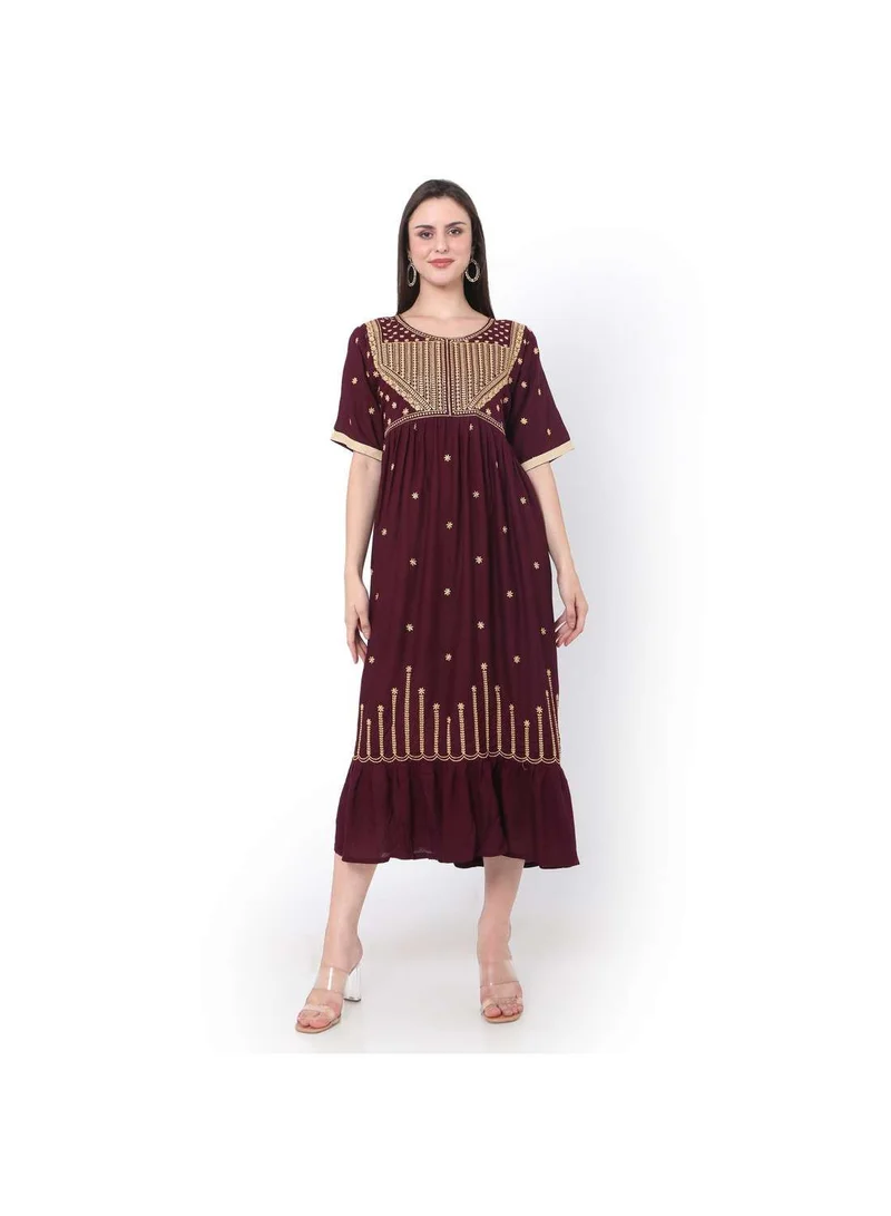 هانا آند سارا MAROON SHORT EMBROIDERED VISCOSE ARABIC JALABIYA KAFTAN DRESS
