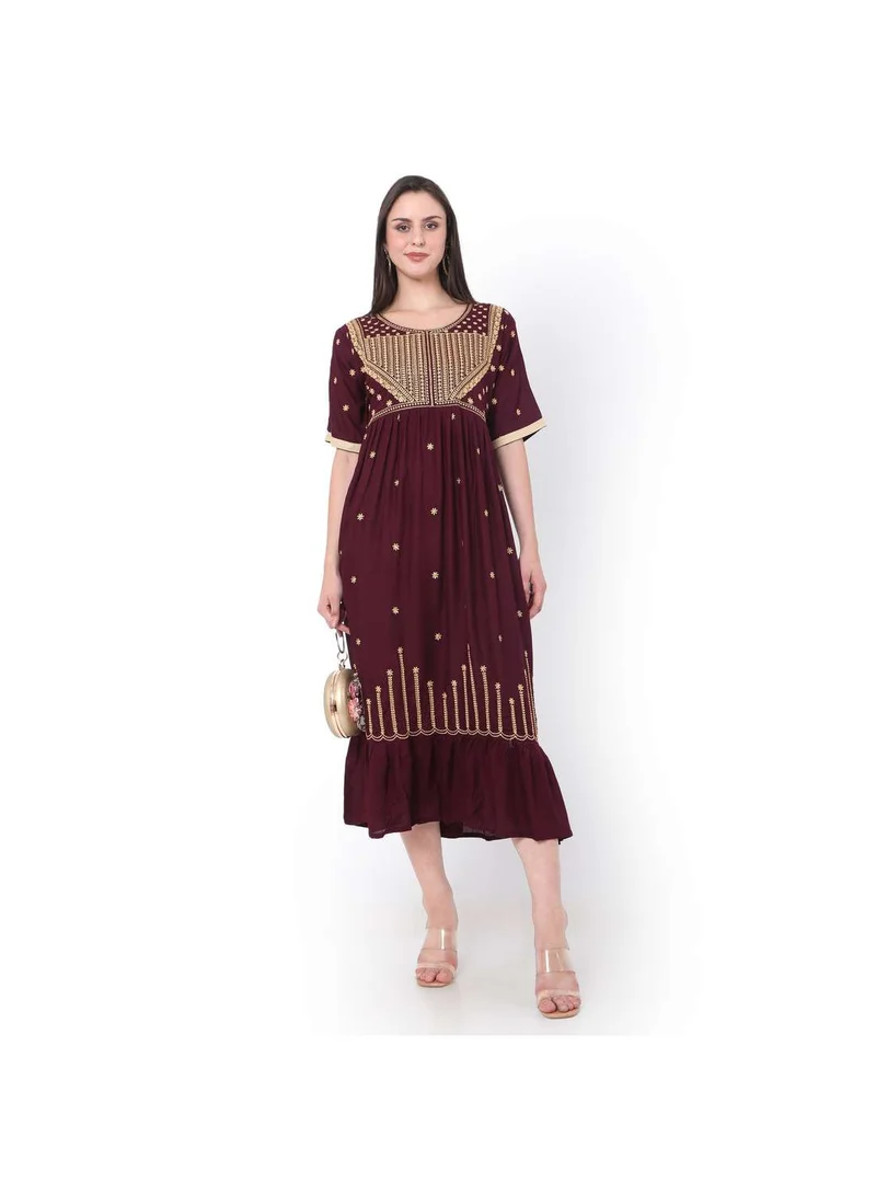 هانا آند سارا MAROON SHORT EMBROIDERED VISCOSE ARABIC JALABIYA KAFTAN DRESS