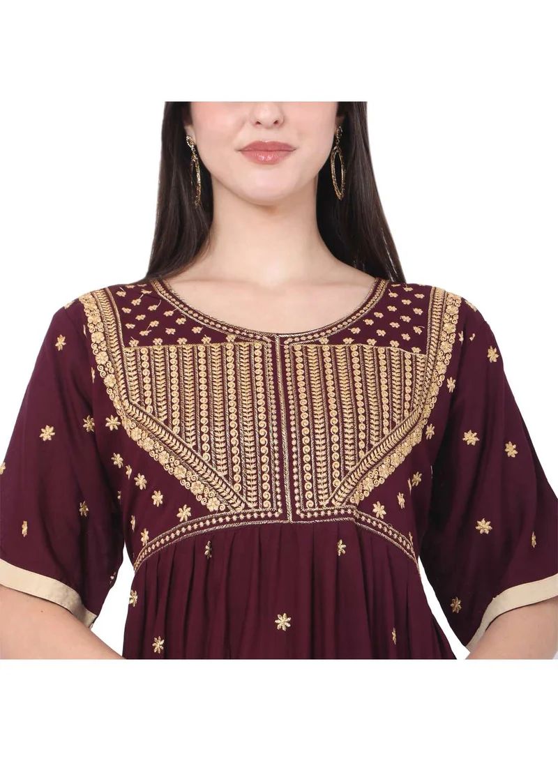 هانا آند سارا MAROON SHORT EMBROIDERED VISCOSE ARABIC JALABIYA KAFTAN DRESS