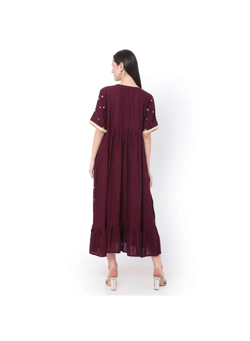 هانا آند سارا MAROON SHORT EMBROIDERED VISCOSE ARABIC JALABIYA KAFTAN DRESS
