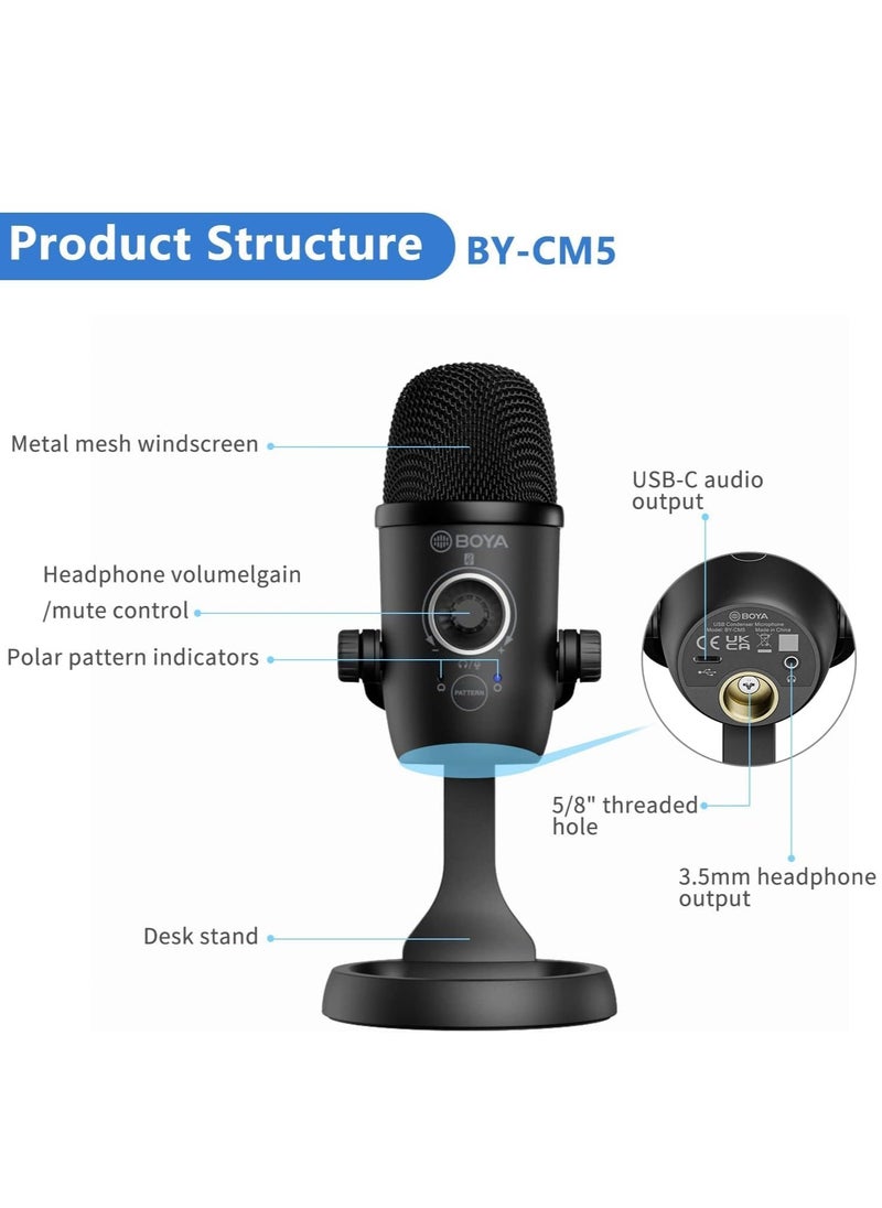 BOYA - BOYA BY-CM5 Computer Microphone for PC & Mac, Condenser Desktop USB Gaming Mic for Recording, Streaming, Podcast, Twitch, YouTube, Android | USB Type C Plug and Play | Monitoring & Gain Control - Image 1