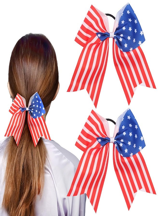 DIUEWOW 2PCS 4th of July Cheer Hair Bows 8inch 4th of July Independence Day Ponytail Holder Hair Ties Patriotic Flag Festival Hair Bow With Elastic Ponytail Holder Stars and Stripes Hair Tie Band - Image 1