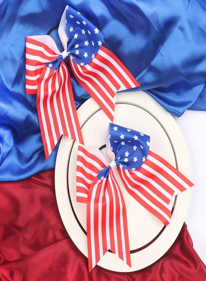 DIUEWOW 2PCS 4th of July Cheer Hair Bows 8inch 4th of July Independence Day Ponytail Holder Hair Ties Patriotic Flag Festival Hair Bow With Elastic Ponytail Holder Stars and Stripes Hair Tie Band - Image 5