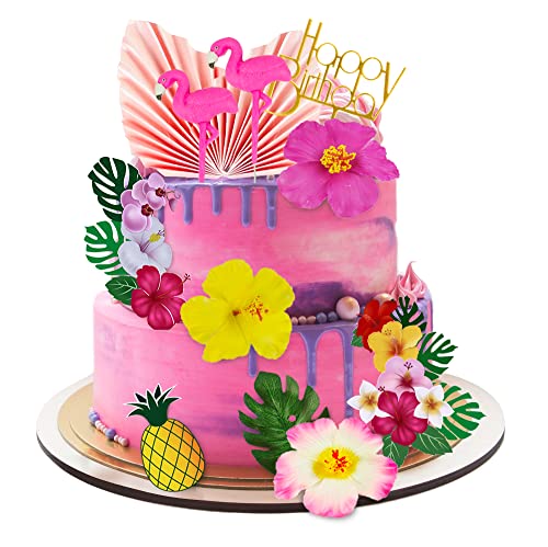 DRWATE 12 PCS Flamingo Cake Toppers Flamingo Palm Leaves Hibiscus Flowers Hawaiian Cake Decorations for Tropical Luau Themed Birthday Supplies - Image 1