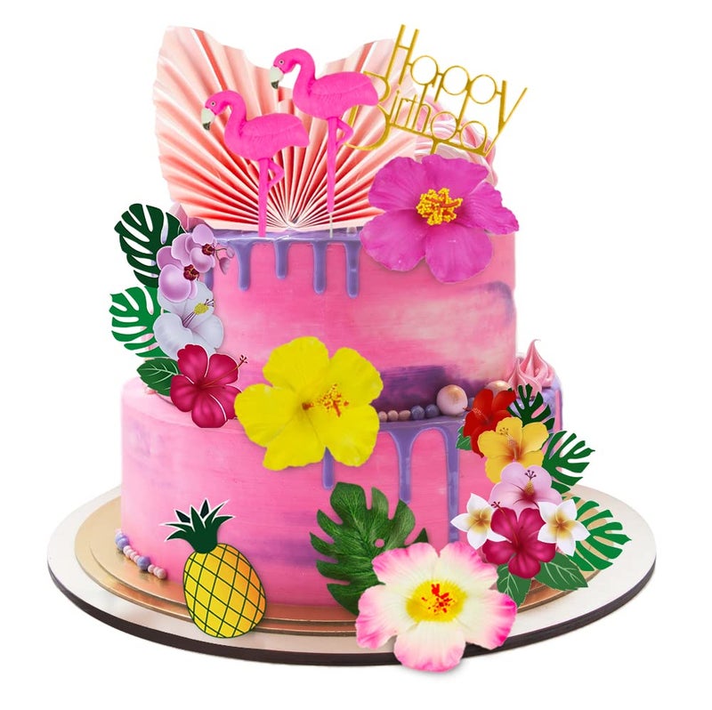 DRWATE 12 PCS Flamingo Cake Toppers Flamingo Palm Leaves Hibiscus Flowers Hawaiian Cake Decorations for Tropical Luau Themed Birthday Supplies - Image 2