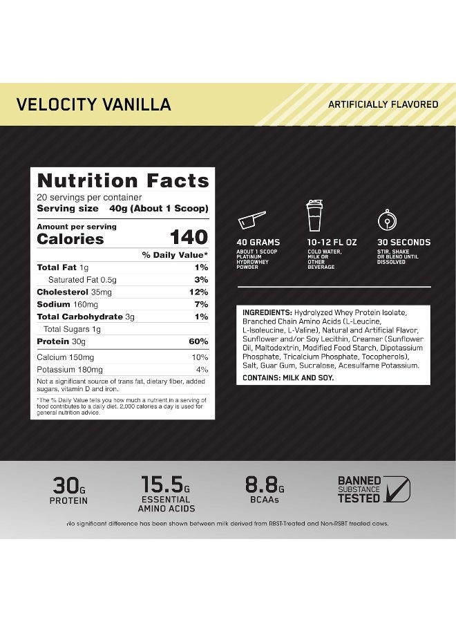 أوبتيموم نيوتريشن مسحوق بروتين مصل اللبن البلاتيني، 30 جرامًا من البروتين لدعم العضلات واستعادتها، مسحوق بروتين مصل الحليب المعزول بنسبة 100% - سرعة الفانيليا، (800 جم) - Image 3