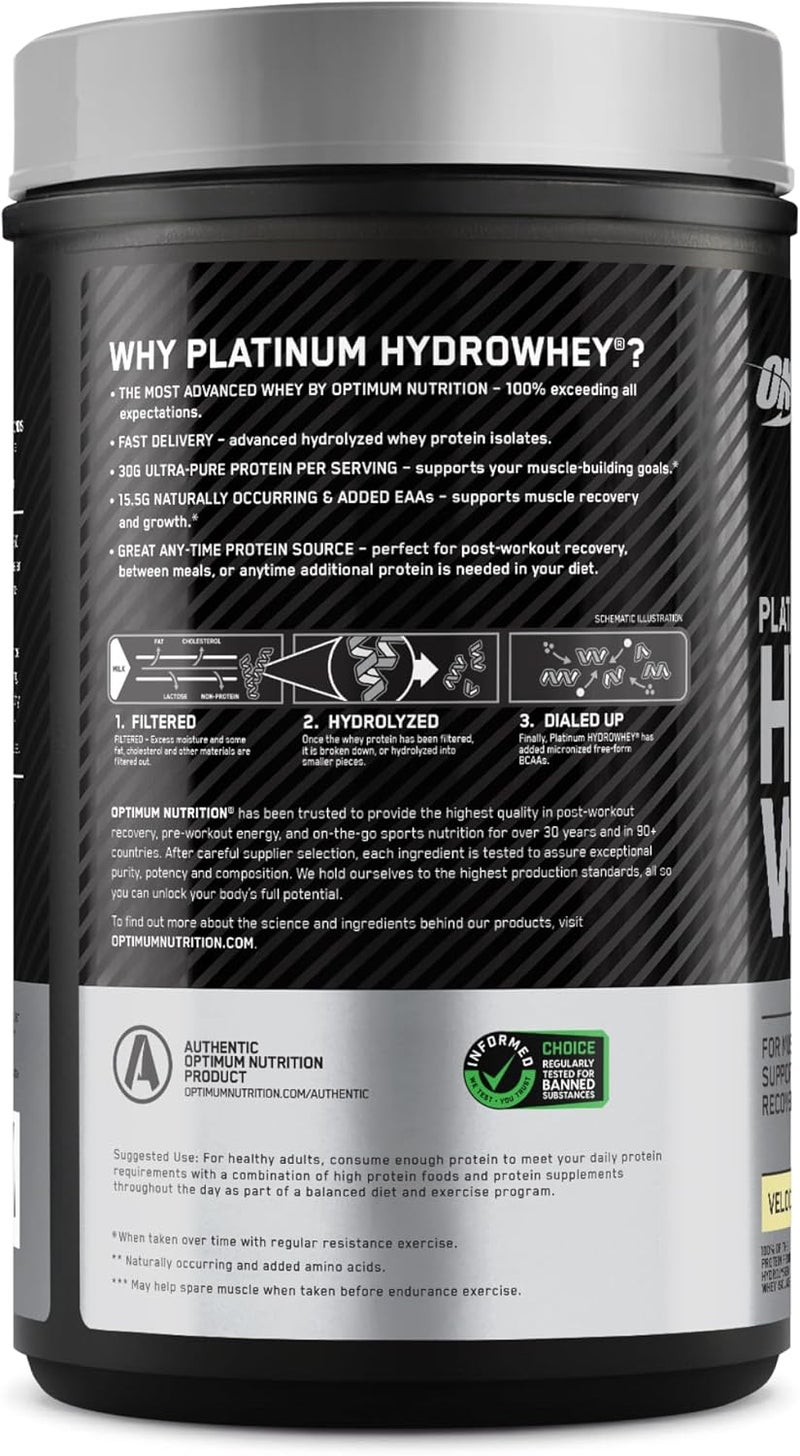 Optimum Nutrition Platinum Hydrowhey Protein Powder, 30 Grams of Protein for Muscle Support & Recovery, 100% Hydrolyzed Whey Protein Isolate Powder - Velocity Vanilla, 1.75 Lbs, 20 Servings (800 G) - Image 4