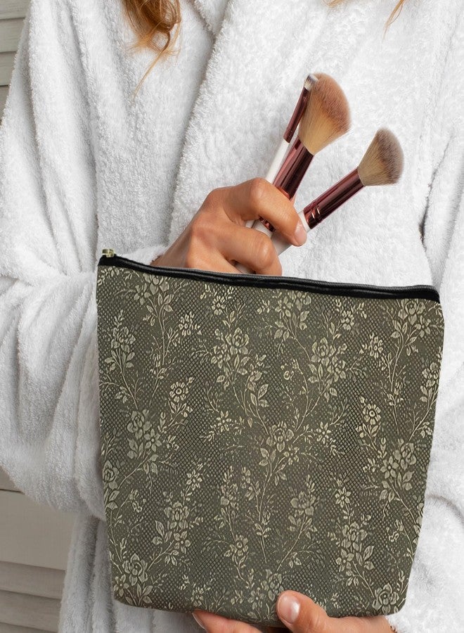 Supwhd Floral Cosmetic Bag, Vintage Green Floral Toiletry Bag for Women, Botanical Wild Flowers Makeup Pouch - Image 2