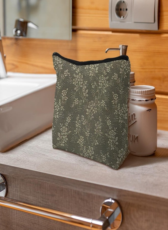 Supwhd Floral Cosmetic Bag, Vintage Green Floral Toiletry Bag for Women, Botanical Wild Flowers Makeup Pouch - Image 3
