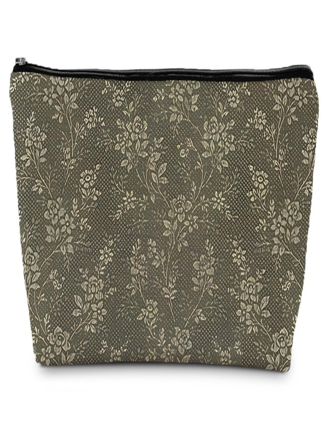 Supwhd Floral Cosmetic Bag, Vintage Green Floral Toiletry Bag for Women, Botanical Wild Flowers Makeup Pouch - Image 1