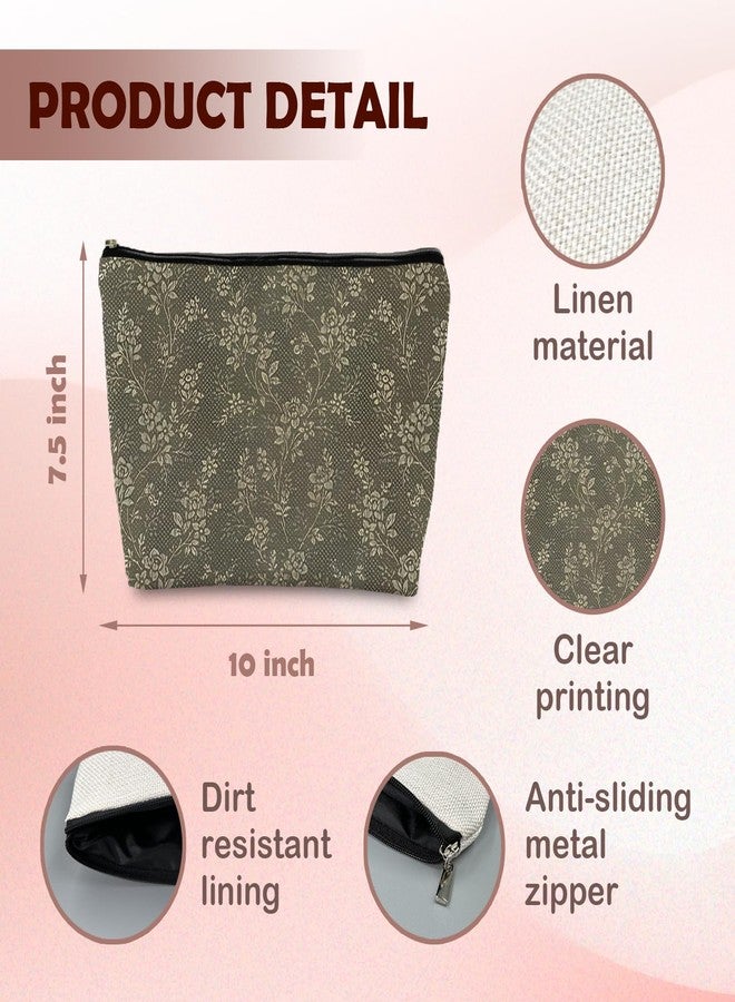 Supwhd Floral Cosmetic Bag, Vintage Green Floral Toiletry Bag for Women, Botanical Wild Flowers Makeup Pouch - Image 5