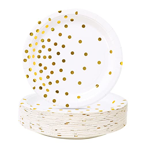 CENLBJ White and Gold Party Supplies, Gold Dot Paper Dessert Plates (50-Count) - Image 1