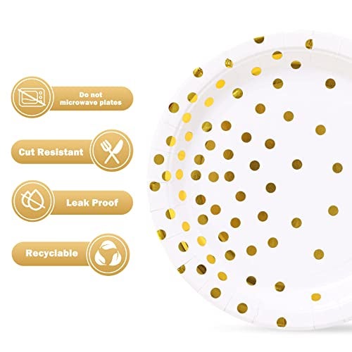 CENLBJ White and Gold Party Supplies, Gold Dot Paper Dessert Plates (50-Count) - Image 4