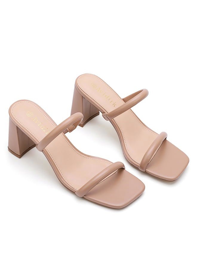 Avidirk Women's Square Open Toe Two Strap Mid Heel Sandals, Nude/, 38 EU - Image 4