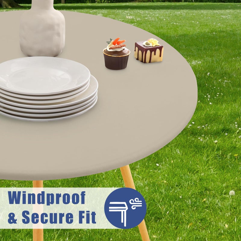 Moosfor Round Spandex Tablecloth, Elastic Fitted Waterproof Tablecloths for 36"-44" Tables, Stretch Washable Picnic Table Cover for Camping, Dining, Indoor and Outdoor, Taupe - Image 3