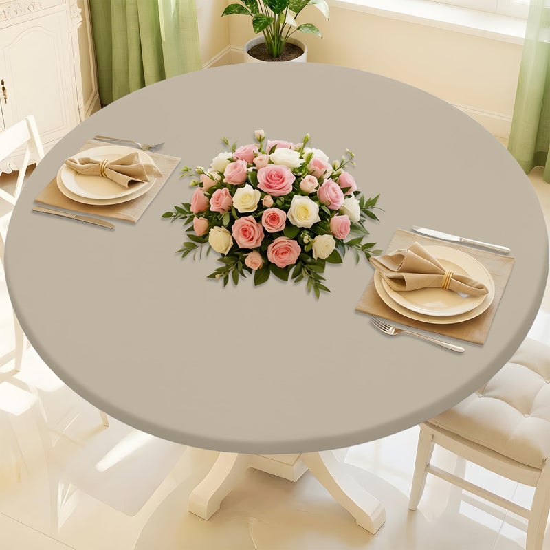 Moosfor Round Spandex Tablecloth, Elastic Fitted Waterproof Tablecloths for 36"-44" Tables, Stretch Washable Picnic Table Cover for Camping, Dining, Indoor and Outdoor, Taupe - Image 1