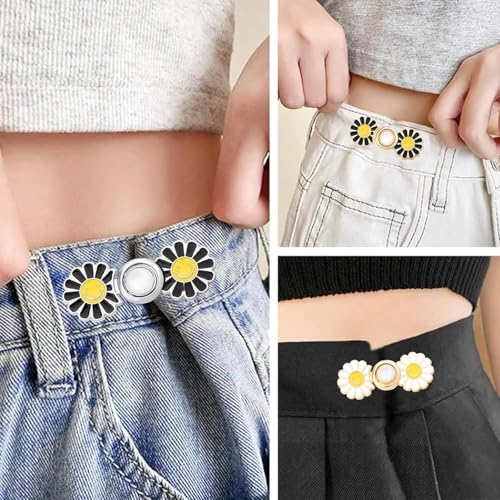 LUVINA Adjustable Jean Buttons, 2 Sets Jean Button Pins, Adjustable Waist Button Extender for Jeans, Waist Tightener Instant Clips for Loose Jeans Skirts (White Flower) - Image 5