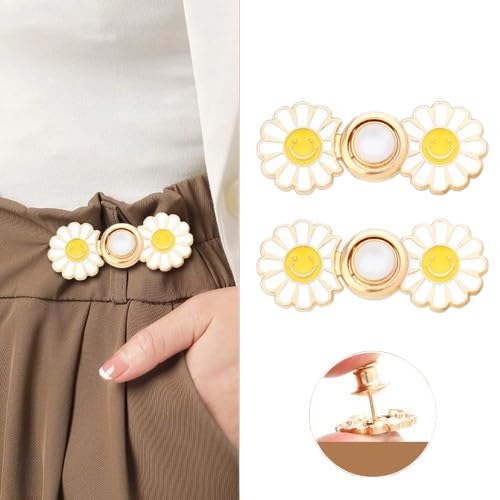 LUVINA Adjustable Jean Buttons, 2 Sets Jean Button Pins, Adjustable Waist Button Extender for Jeans, Waist Tightener Instant Clips for Loose Jeans Skirts (White Flower) - Image 1