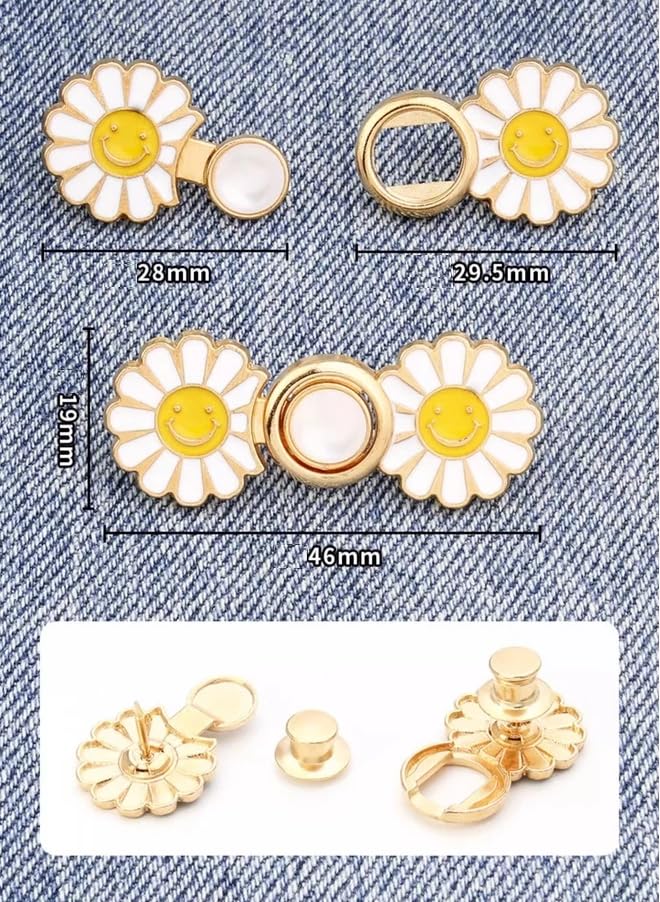 LUVINA Adjustable Jean Buttons, 2 Sets Jean Button Pins, Adjustable Waist Button Extender for Jeans, Waist Tightener Instant Clips for Loose Jeans Skirts (White Flower) - Image 3