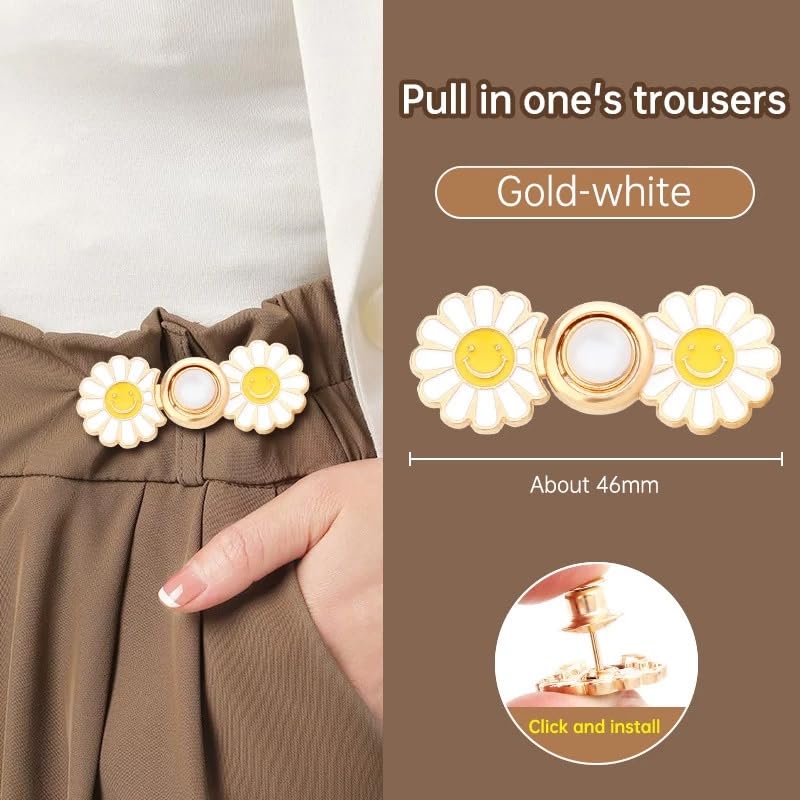 LUVINA Adjustable Jean Buttons, 2 Sets Jean Button Pins, Adjustable Waist Button Extender for Jeans, Waist Tightener Instant Clips for Loose Jeans Skirts (White Flower) - Image 4