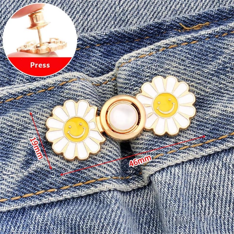 LUVINA Adjustable Jean Buttons, 2 Sets Jean Button Pins, Adjustable Waist Button Extender for Jeans, Waist Tightener Instant Clips for Loose Jeans Skirts (White Flower) - Image 2