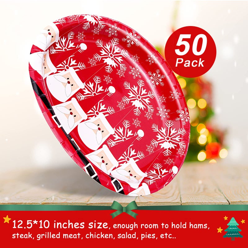 Tyzarglef 50 Count Christmas Oval Paper Plates  10"" x 12.5"" Large Disposable Dinner Serving Platters for Holiday Xmas Dinnerware Table Decorations - Image 5
