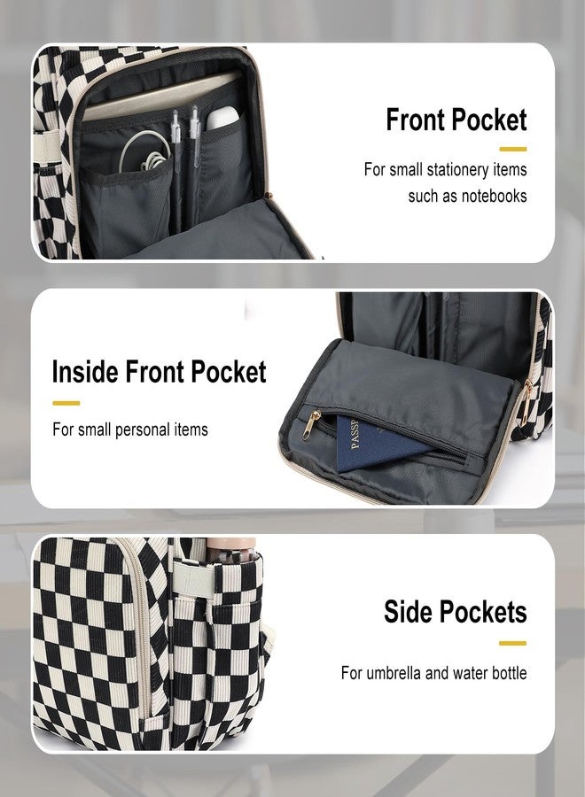 Dezcrab Laptop Backpack for Women, Corduroy College School Backpack Bookbag 15.6 inch Business Computer Travel Backpack (Checkered Black) - Image 3