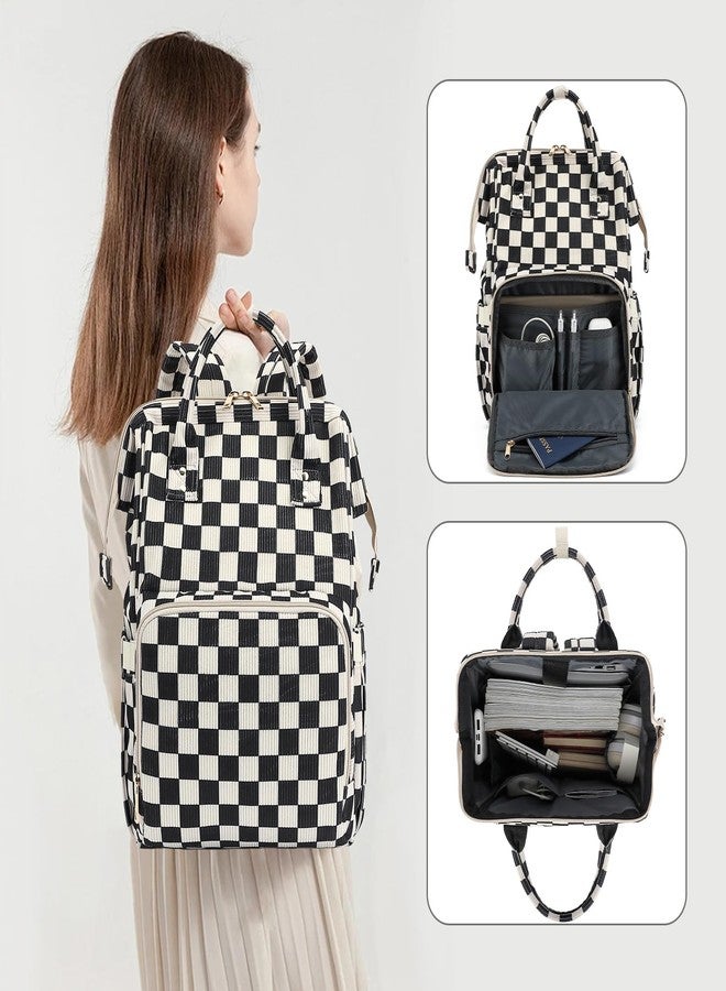 Dezcrab Laptop Backpack for Women, Corduroy College School Backpack Bookbag 15.6 inch Business Computer Travel Backpack (Checkered Black) - Image 2